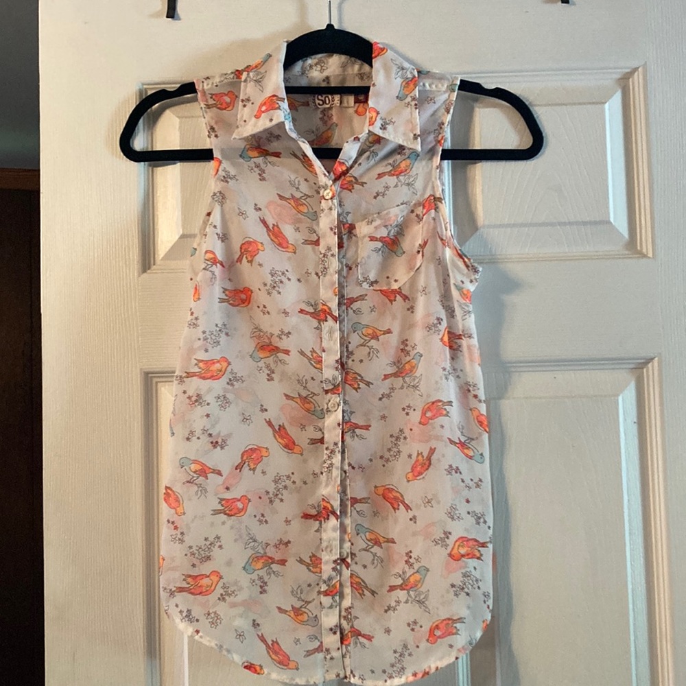 Bird Print White Sheer SO Button-up Blouse: Size Extra Small